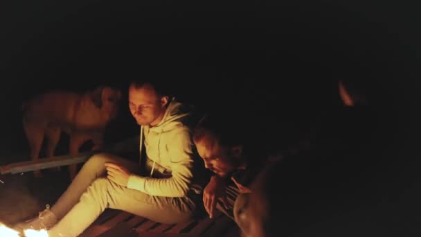 Eine Gruppe von Freunden amüsiert sich nachts am Lagerfeuer am Strand in der Nähe des Meeres. — Stockvideo