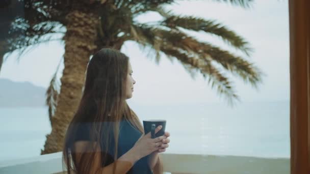 Alleen vrouw is het drinken van koffie of thee in de ochtend op het balkon met uitzicht op zee, standpunt van het raam, full hd — Stockvideo