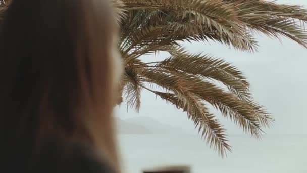 Alleen vrouw is het drinken van koffie of thee in de ochtend op het balkon met uitzicht op zee, standpunt van het raam, full hd — Stockvideo