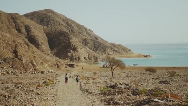 Bir grup turist plaja gider, insanlar arka plandaki deniz tepelerine doğru ilerler, Mısır 'da mavi bir göl, tam kapasite. — Stok video