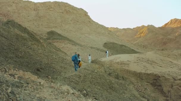 Grupo de passeio turístico ao longo do desfiladeiro de rocha no deserto quente, os turistas tirar fotos e se divertir. Deserto montanhas fundo, Egito, Sinai, hd completo — Vídeo de Stock