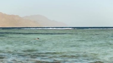 Kızıl denizde şnorkelle yüzen adam, güzel mavi deniz manzarası ve berrak gökyüzü, denizdeki dalgalar ve ufuktaki dağlar, Mısır, Dahab, tam kapasite
