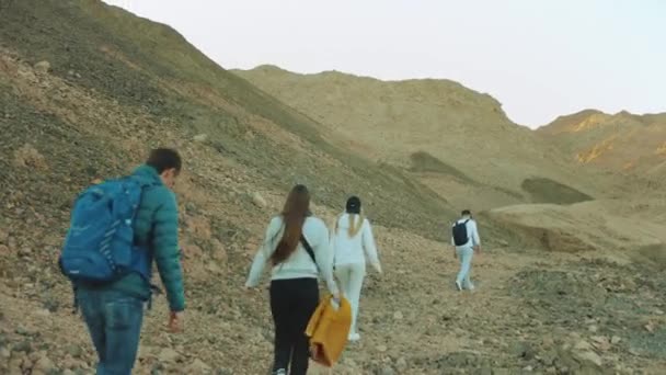 Skupina turistů procházka podél skalního kaňonu v horké poušti, turisté se vyfotit a bavit. Pouštní hory pozadí, Egypt, Sinaj, full hd — Stock video