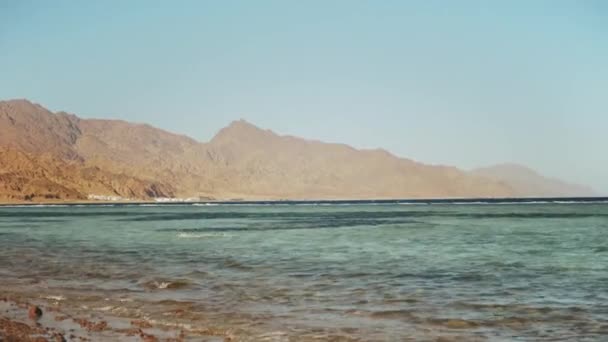Man snorkling i rött hav, Vackert landskap av blått hav och klar himmel, vågor krascha mot en stenkust och berg vid horisonten Egypten, Dahab, full hd — Stockvideo