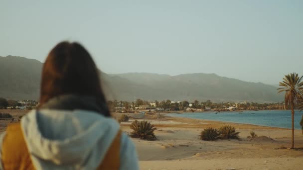 Widok na piaszczystą plażę i błękitne morze z tyłu samicy. Dziewczyna pobyt na plaży i patrząc w Horyzont, pełne hd — Wideo stockowe