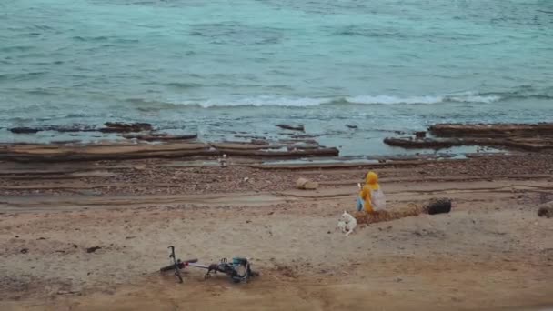 Mujer bonita sentada con el perro Labrador Retriever en la playa costera pedregosa cerca del mar, las olas se rompen en la orilla, Egipto Sinaí, hd completa — Vídeos de Stock