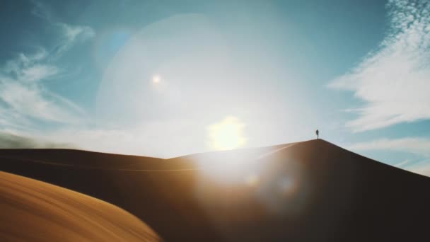 Seul homme debout dans le désert du Sahara à l'horizon, sable doré et ciel nuageux. Dunes de sable désert arabe. Modèle d'onde des dunes de sable. Nature, Maroc, 4k — Video