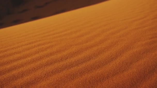 Close-up de vento sopra areia no deserto de dunas de areia no deserto do Saara ao pôr do sol, coelhos do sol na câmera, 4k — Vídeo de Stock