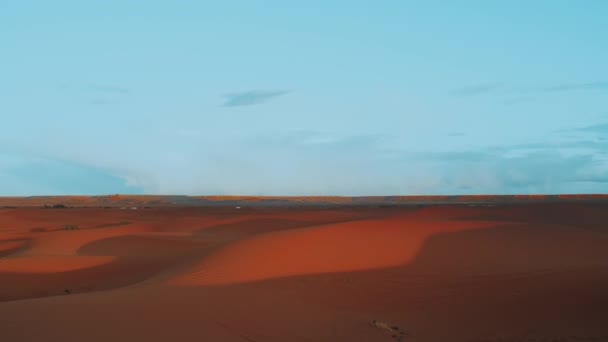 Zlatý písek a jasná obloha v poušti Sahara. Západ slunce. Krásná pouštní krajina. Saharská poušť. Písečné duny Arabská poušť. Vzorec písečných dun. Přírodní zázemí, Maroko, 4k — Stock video