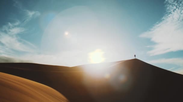 Silhouette d'homme seul marchant dans le désert du Sahara à l'horizon, sable doré et ciel nuageux. Dunes de sable désert arabe. Modèle d'onde des dunes de sable. Fond nature, Maroc, full hd — Video