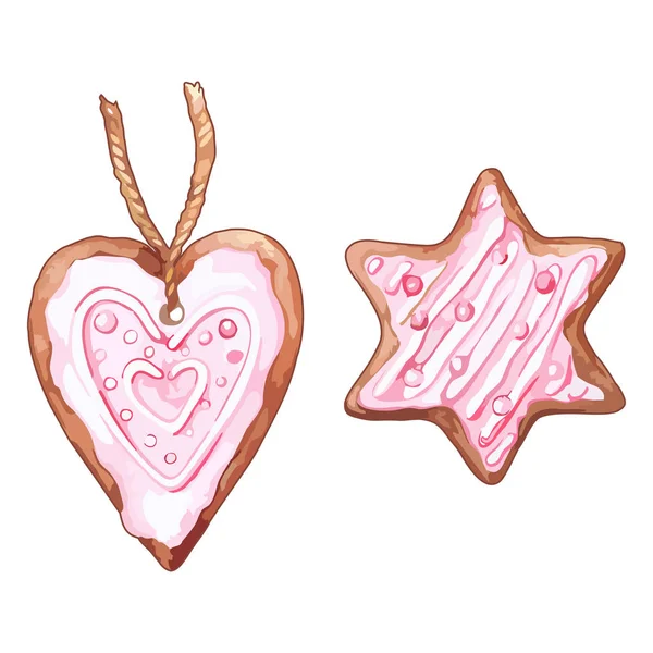 Watercolor Coração Rosa Forma Biscoito Gengibre Estrela Seis Pontas Conjunto —  Vetores de Stock