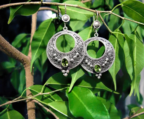 女性族银耳环橄榄石宝石首饰自然树叶照片 — 图库照片