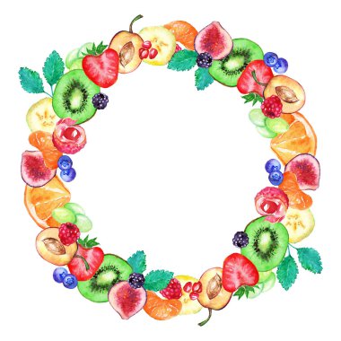 Sulu boya meyve berry tatlı yaz çerçeve kenarlığı izole.