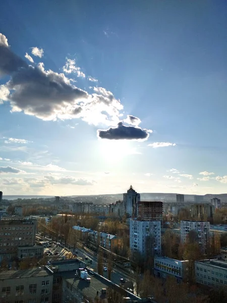 Vue Dessus Paysage Urbain Paysage Urbain Ciel Ensoleillé Fantastique Avec — Photo