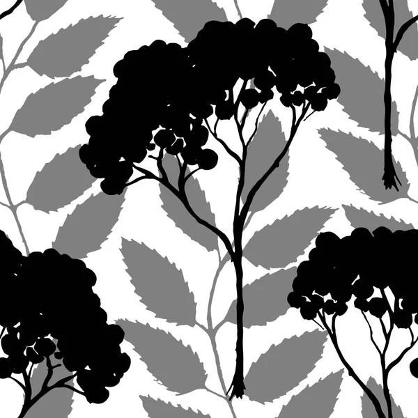 Монохромный Черный Рябиновый Рованничный Силуэт Эшберри Ботаническая Иллюстрация Бесшовная Текстура — стоковый вектор