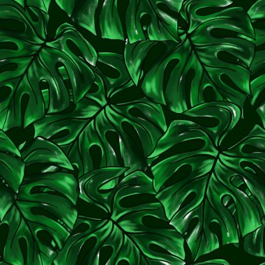 Yeşil monstera yaprak tropikal bitki suluboya mürekkep satırı elle çizilmiş kroki Dikişsiz desen doku arka plan sanat.