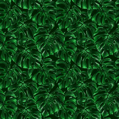 Yeşil monstera yaprak tropikal bitki suluboya mürekkep satırı elle çizilmiş kroki Dikişsiz desen doku arka plan sanat.