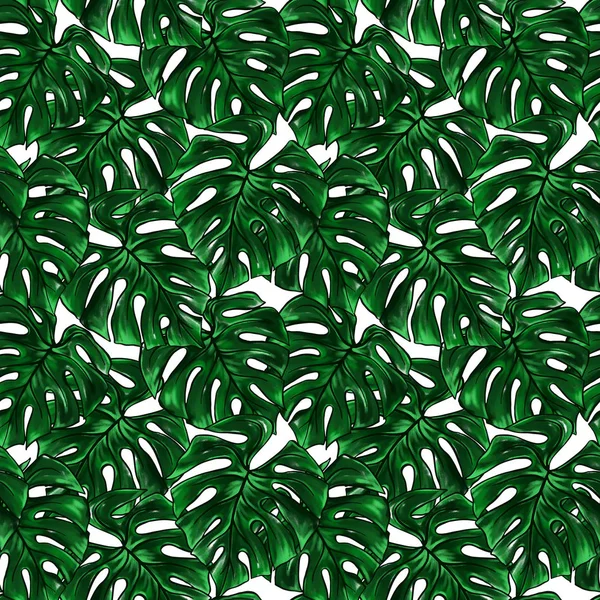 Green monstera leaf tropical plant watercolor ink line art hand drawn sketch seamless pattern texture background.