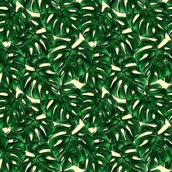 Verde Monstera Hoja Tropical Planta Acuarela Tinta Línea Arte Dibujado —  Fotos de Stock