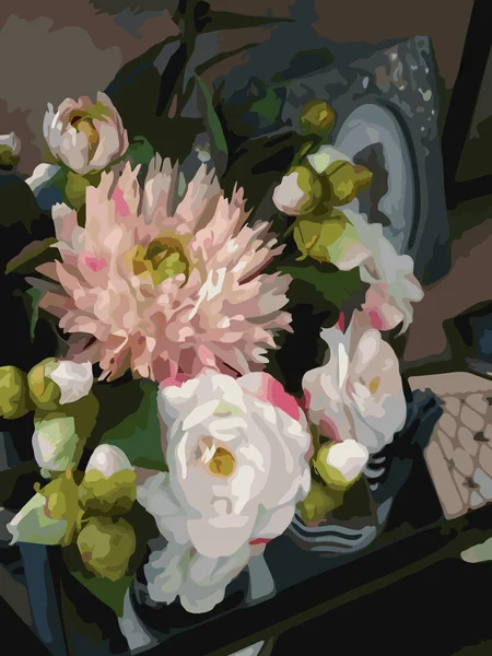 Watercolor 3D realistic romantic flowers bouquet composition peony dahlia home decor still life vector