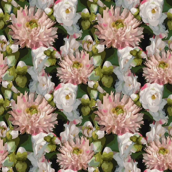 現実的なロマンチックな花の花束組成牡丹ダリア上昇シームレス パターン テクスチャ背景ベクトル — ストックベクタ
