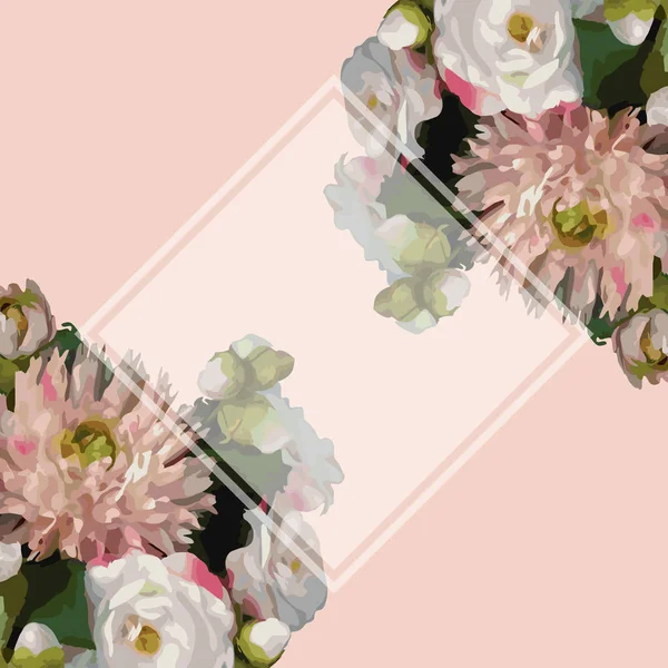 Aquarell Realistisch Romantische Blumen Strauß Komposition Pfingstrose Dahlie Rose Rahmen — Stockvektor