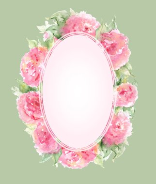 Sulu boya pembe tea gül şakayık çiçeği çiçek kompozisyon çerçeve sınır şablon arka plan