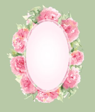 Sulu boya pembe tea gül şakayık çiçeği çiçek kompozisyon sınır şablon arka plan vektör çerçeve