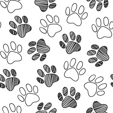 Tek renkli siyah ve beyaz köpek kedi evde beslenen hayvan hayvan pençe ayak el çizilen mürekkep kroki Dikişsiz desen doku arka plan vektör