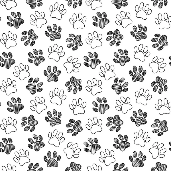 Monochrome black and white dog cat pet animal paw foot hand drawn ink sketch seamless pattern texture background vector