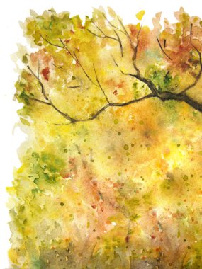 Suluboya sonbahar sarı turuncu yeşil ağaç yaprak yeşillik şube doku arka plan