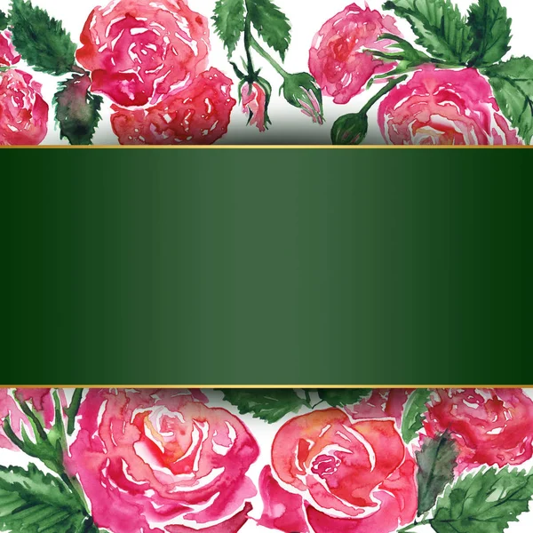Watercolor pink crimson red rose peony flower floral composition frame border template sample background