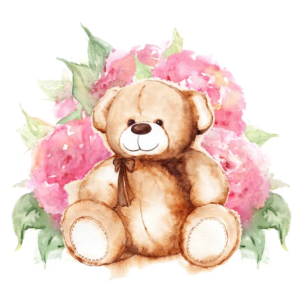 Γελοιογραφία Υπέροχο Αρκουδάκι Παιχνίδι Αγίου Βαλεντίνου Τριαντάφυλλο Παιώνια Λουλούδι Τέχνης — Φωτογραφία Αρχείου