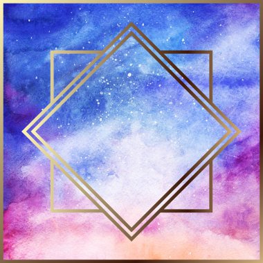 Suluboya yıldızlı uzay gökada nebulası sanat deco altın geometrik çerçeve sınır soyut arkaplan dokusu deseni