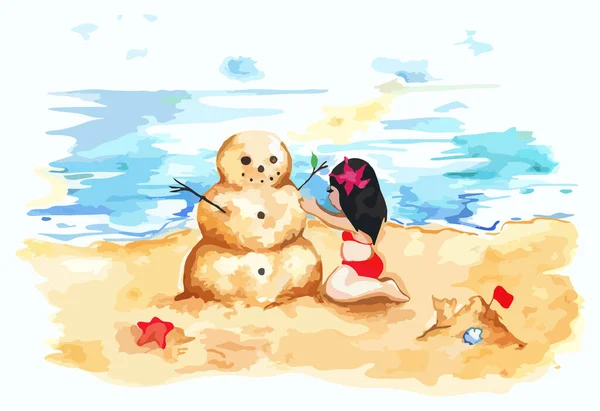 Watercolor Summer Travel Beach Sea Shore Sandman Girl Vector Art — Stock Vector
