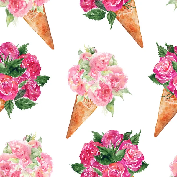 Акварельный Букет Цветов Пион Гвоздика Розы Мороженое Вафли Сладкий Десерт — стоковое фото