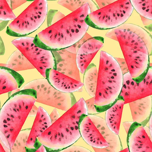 Aquarell Wassermelone Scheibe Frucht Beere Nahtlose Muster Textur Hintergrund — Stockfoto