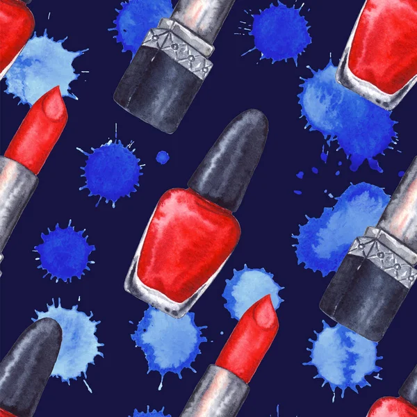 Akvarell Kvinnors Röda Läppstift Nagellack Manikyr Kosmetika Utgör Plats Sömlös — Stockfoto