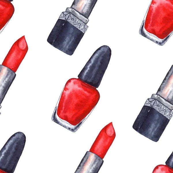 Aquarell Frauen Roten Lippenstift Nagellack Maniküre Kosmetik Bilden Nahtlose Muster — Stockfoto