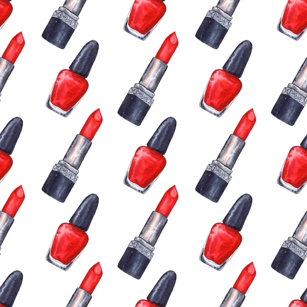 Aquarell Frauen Roten Lippenstift Nagellack Maniküre Kosmetik Bilden Nahtlose Muster — Stockfoto