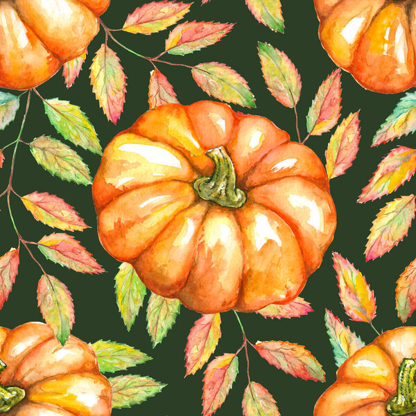 Watercolor orange pumpkin vegetable rowan ash berry leaf branch plant autumn seamless pattern texture background