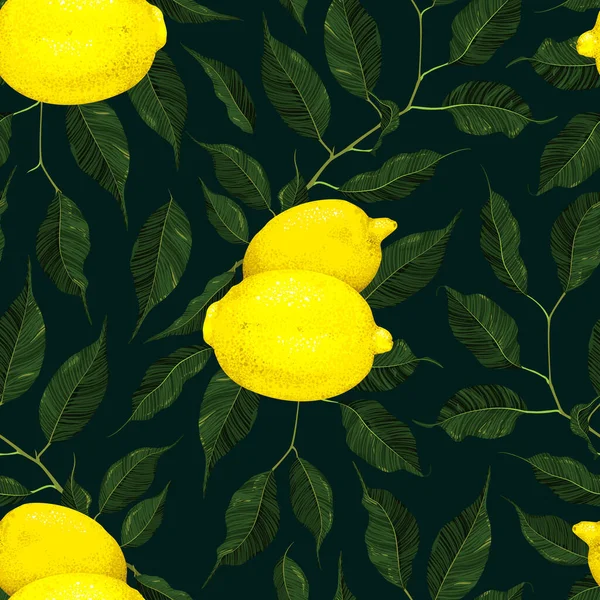 Amarelo Limão Citrinos Ramo Com Folhas Verdes Sem Costura Padrão — Vetor de Stock