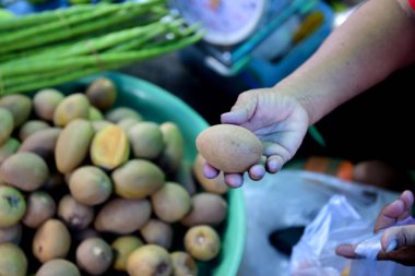 Sapodilla meyve ülke Tayland yemek yemek bir kaba doku ve tatlı tadı vardır