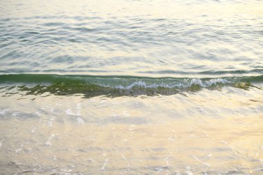 Denizin dalgaları ile kumlu kopya alanı metin ile sabah sahile