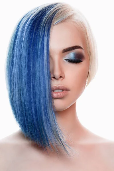 Beautiful Woman Blue Colored Hair Make — Stock Photo, Image