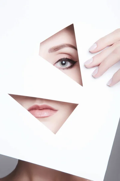 Beauty Young Woman Paper Eye Lips Female Face Parts — Stock Photo, Image