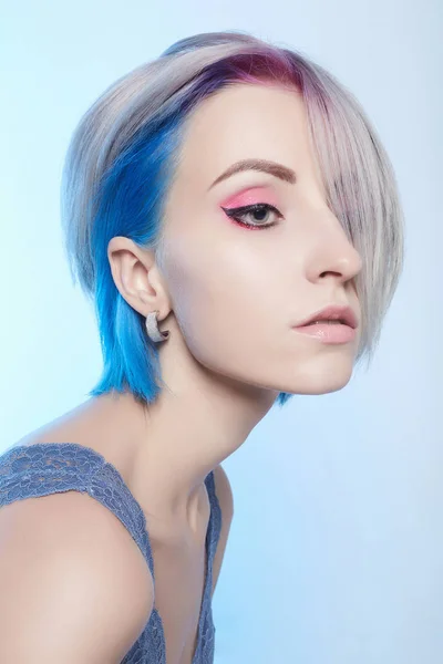 Beautiful Woman Blue Colored Hair Make Sensual Model Girl — Stock Photo, Image