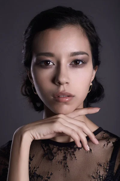 Chica Asiática Portrait Sensual Belleza Sexy Mujer Vestido Negro —  Fotos de Stock
