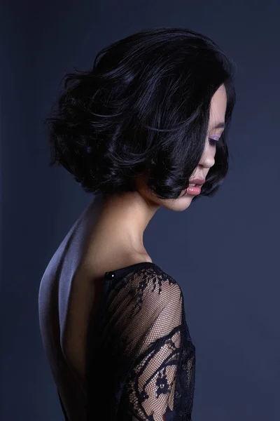 Beautiful Young Woman Evening Black Dress Sexy Beauty Brunette Girl — Stock Photo, Image
