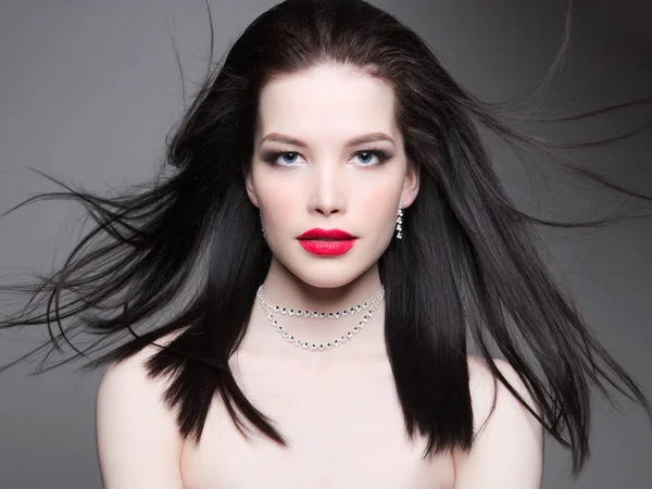 Portret Van Mode Van Mooie Rode Lippen Make Vrouw Met — Stockfoto